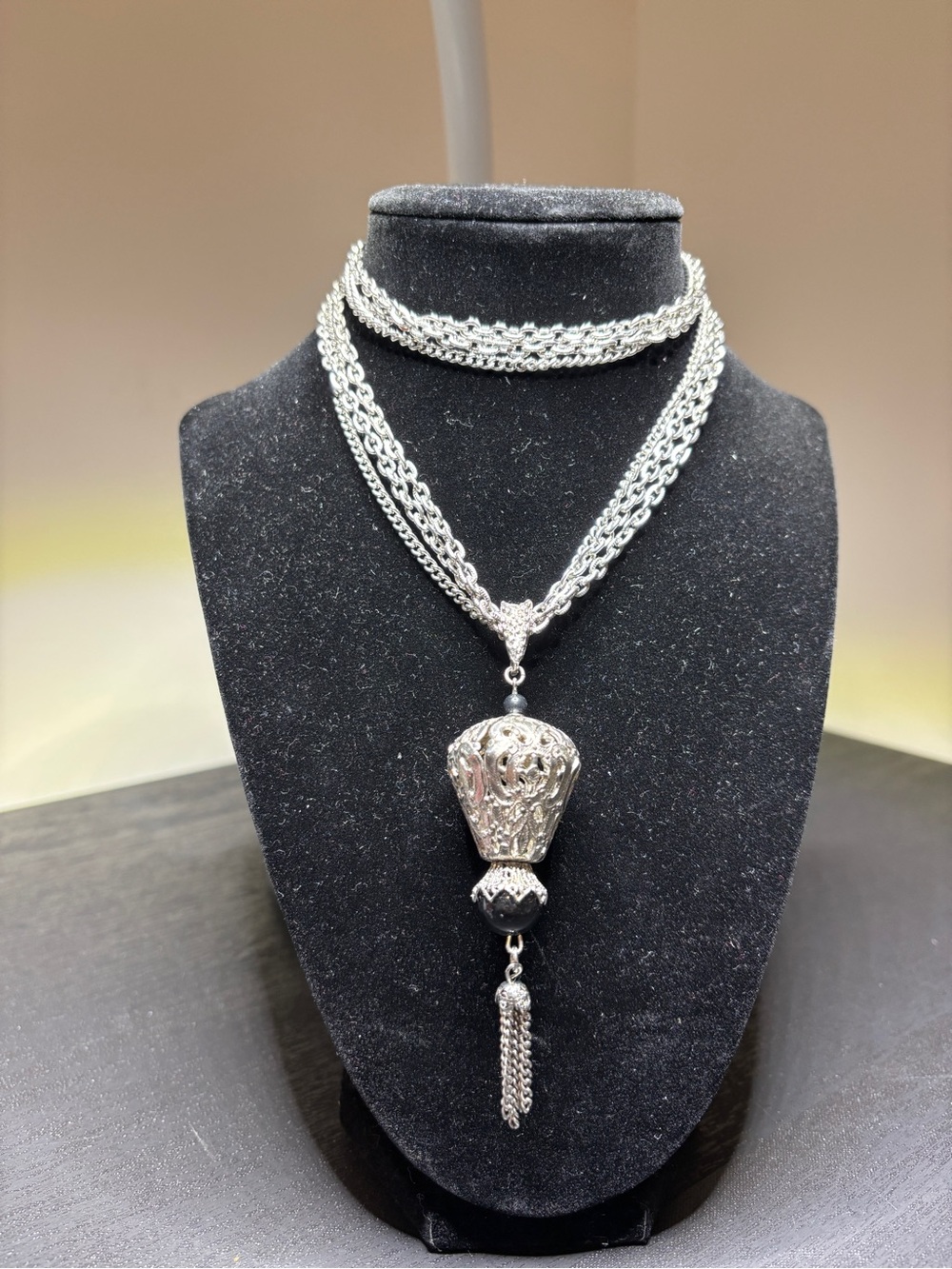 Silver Filigree Pendant Necklace with Tassel - Women's Jewelry